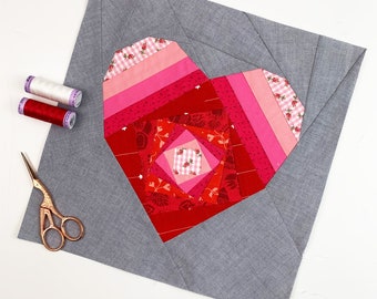 Heart Quilt Block Pattern, Head over Heals Heart, 4 sizes PDF instant download, Valentine's Day quilt, Foundation Paper Piecing Pattern