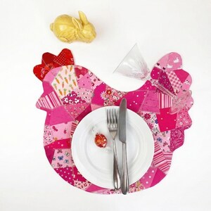 Easter SET of three placemat patterns , chicken, bunny and Easter egg . Pattern is for placemat and coasters or mug rugs.