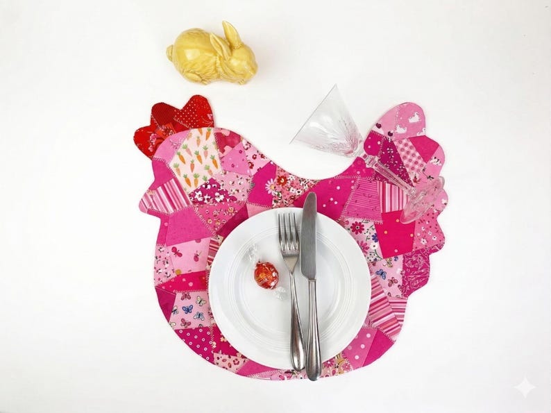Easter SET of three placemat patterns , chicken, bunny and Easter egg . Pattern is for placemat and coasters or mug rugs.