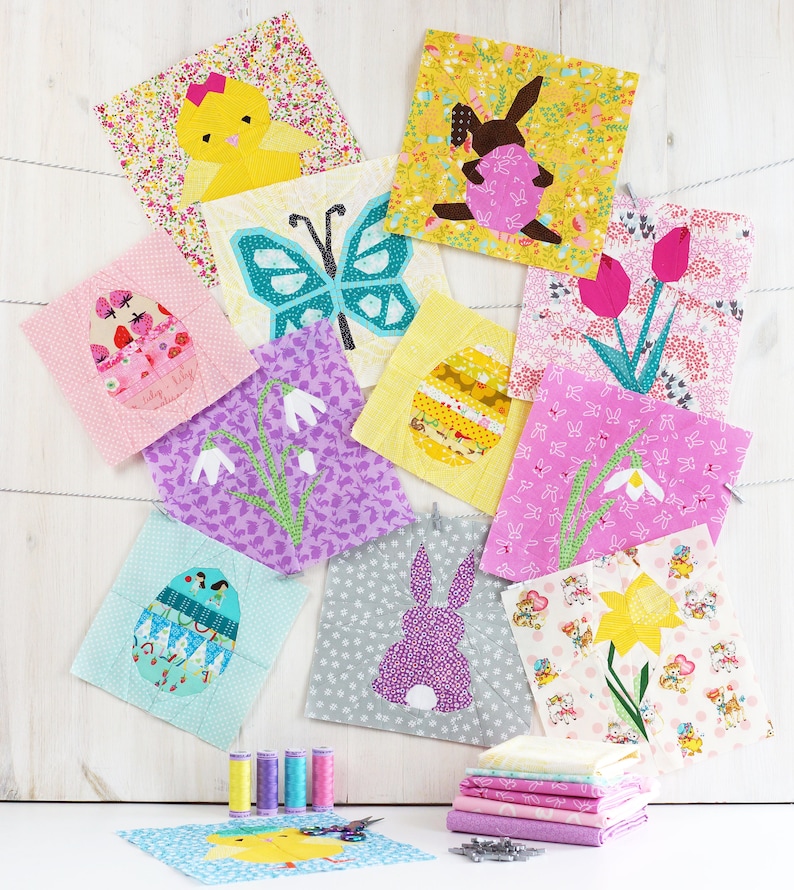 12 different Easter quilt block patterns .Tulip, daffodil, snowdrop, bunny, chicken and egg quilt blocks