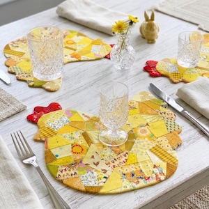 Easter SET of three placemat patterns , chicken, bunny and Easter egg . Pattern is for placemat and coasters or mug rugs.