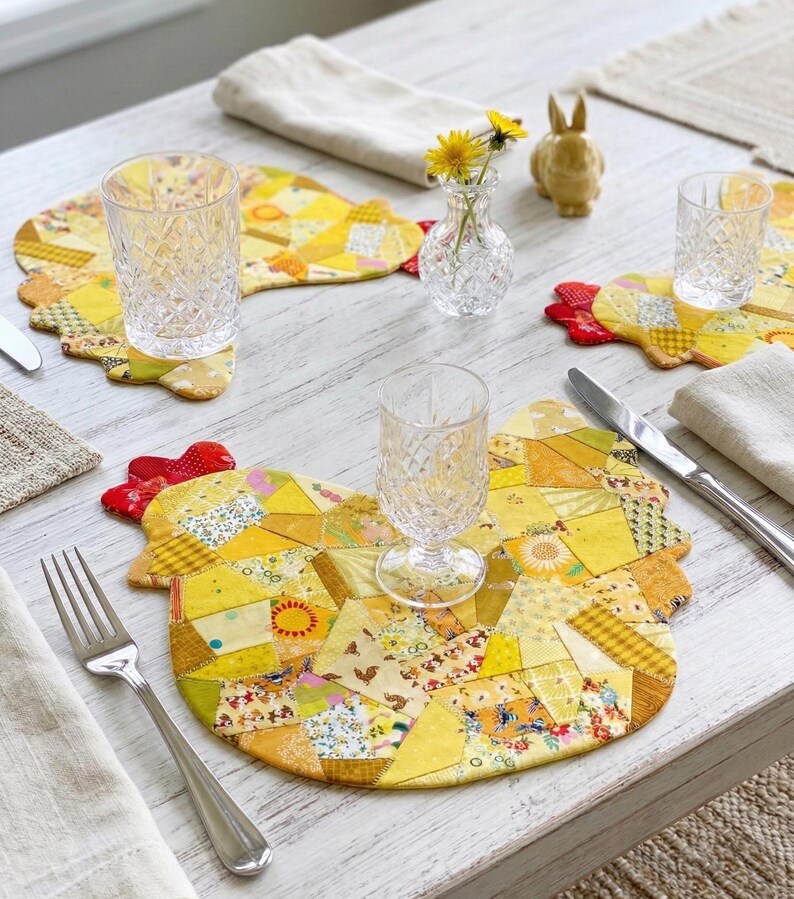 Easter SET of three placemat patterns , chicken, bunny and Easter egg . Pattern is for placemat and coasters or mug rugs.