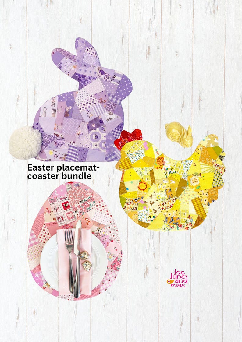 Easter SET of three placemat patterns , chicken, bunny and Easter egg . Pattern is for placemat and coasters or mug rugs.