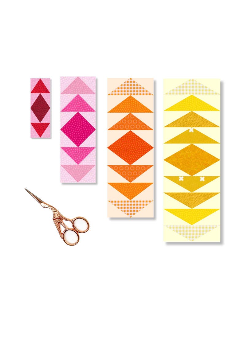 May include: Three fabric strips with a pattern of colorful triangles arranged in a chevron pattern. The strips are different colors: pink, orange, and yellow. A pair of gold scissors is also in the image.