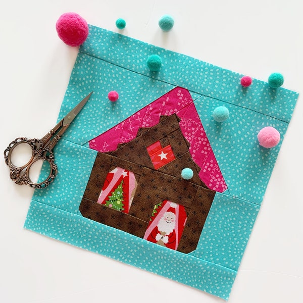 Gingerbread House Quilt Block, 5 sizes PDF instant download, Christmas Modern Quilt Pattern