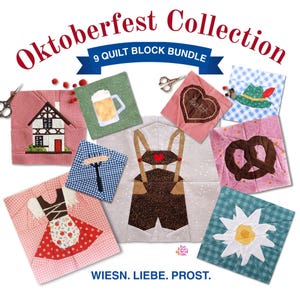 May include: Oktoberfest Collection 9 Quilt Block Bundle featuring nine square fabric blocks with designs including a house, beer mug, heart, hat, pretzel, sausage, lederhosen, dirndl, and edelweiss flower. Text reads Oktoberfest Collection.