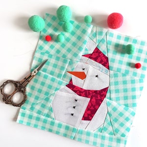 Bloque de edredón de muñeco de nieve, descarga instantánea en PDF, patrón de patchwork de papel de base