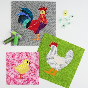 Modello di blocco trapunta della famiglia di polli, download istantaneo PDF, modello patchwork, modello trapuntato moderno