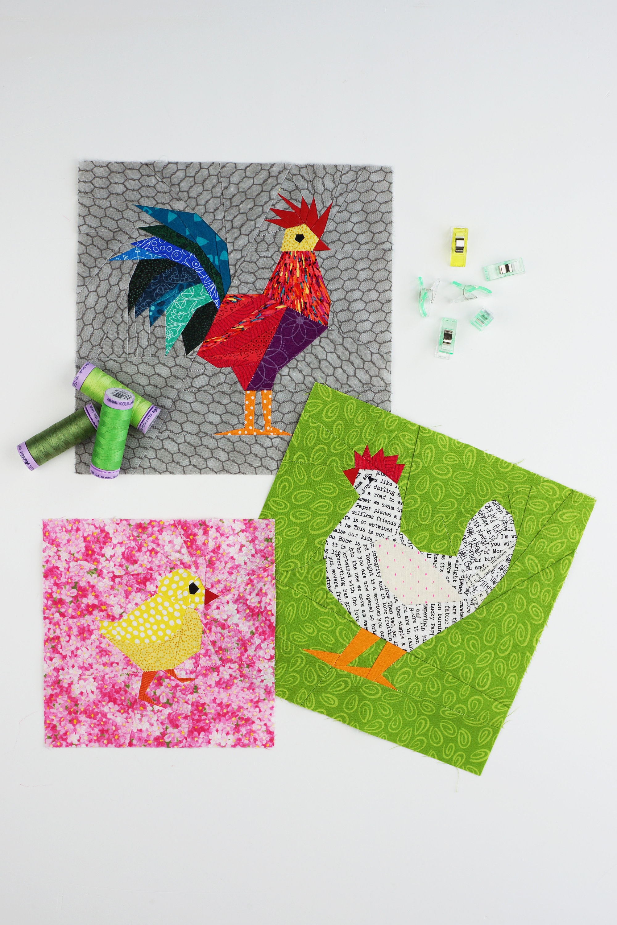 Chicken Family Quilt Block Pattern: Modern Patchwork (PDF Download)