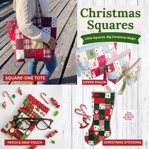 Kit de Costura Natalina em Patchwork, 4 Moldes em PDF: Bolsa, Saquinhos e Meia de Natal