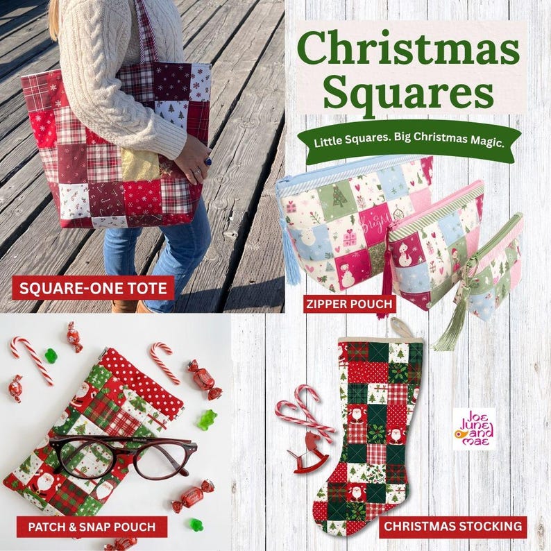 Christmas Squares Sewing pattern, Tote bag, Zipper pouch, Stockig and Flexframe pouch