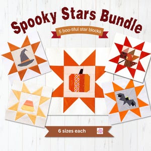 Op de afbeelding: Een Spooky Stars Bundle van 5 boo-tiful sterblokken in elk 6 maten. De quiltblokken hebben oranje en witte sterpatronen met centrale motieven waaronder een heksenhoed, een pompoen, een herfstblad, maissnoepjes en een vleermuis op een witte achtergrond.
