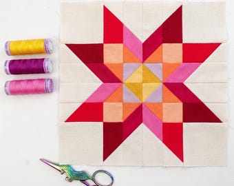 Cosmic Blossom Star , 5 Sizes Quilt Block Pattern, Modern FPP, PDF instant download
