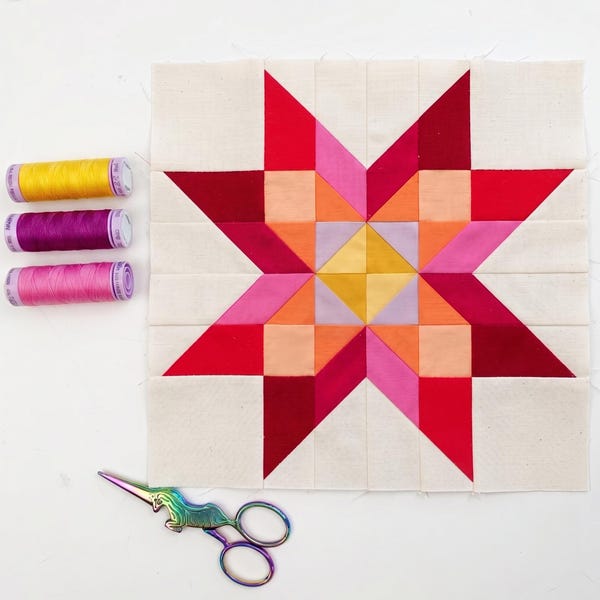 Cosmic Blossom Star , 5 Sizes Quilt Block Pattern, Modern FPP, PDF instant download