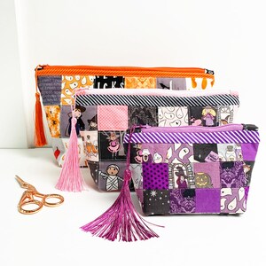 Patchwork zipper pouch sewing pattern in three sizes, the pouches are patchwork pouches, sewn with small fabric squares and contrast binding along the zipper with matching zippers. Zipper pouch sewing pattern