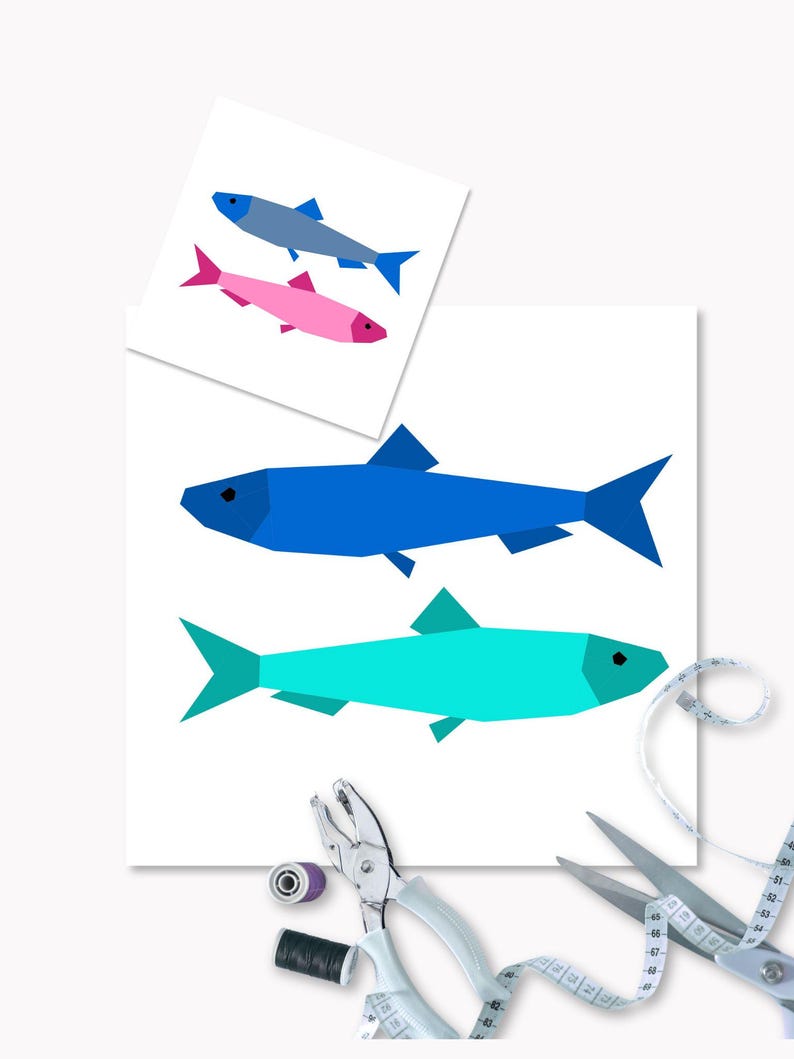 Sardines quilt block pattern, little sardines quilt block photographed with sewing utensils