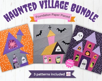 May include: A Haunted Village Bundle foundation paper pieced pattern set featuring three square quilt blocks with Halloween themes. The designs include purple and orange houses with bats, ghosts, spiders, and pumpkins on patterned fabric backgrounds.