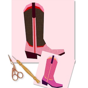 May include: A pink and brown cowboy boot illustration with red accents. A smaller pink boot illustration with a polka dot pattern is also shown. A pair of gold scissors and a wooden tool are next to the illustrations.