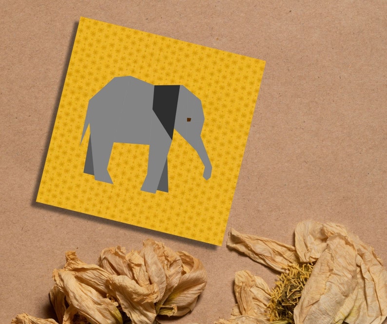 elephant quilt block pattern , baby elephant in gray on yellow background