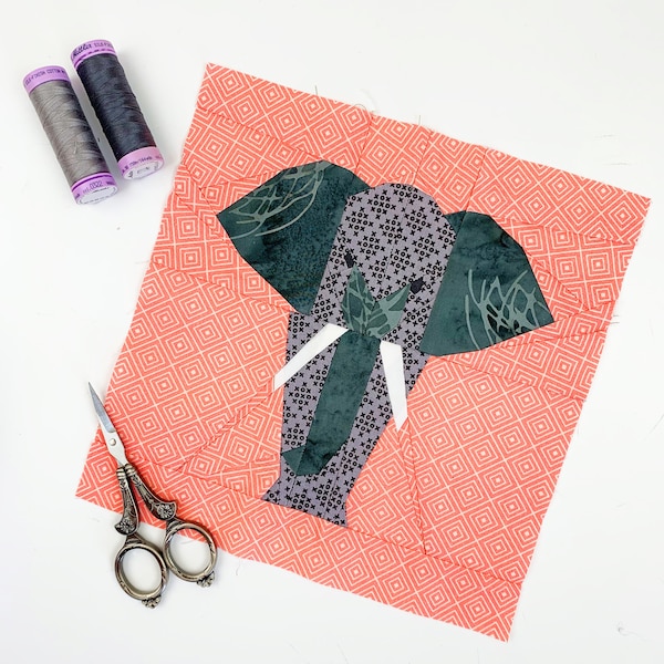 Elephant Quilt Block Pattern, 3 sizes PDF pattern instant download, Foundation Paper Piecing Pattern