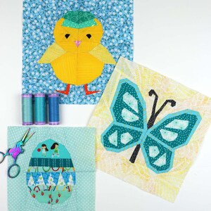 Butterfly quilt block pattern in 4 different sizes, perfect scrap buster, shown with sewing utensils and two other Easter themed quilt block, a chickie and an easter egg.