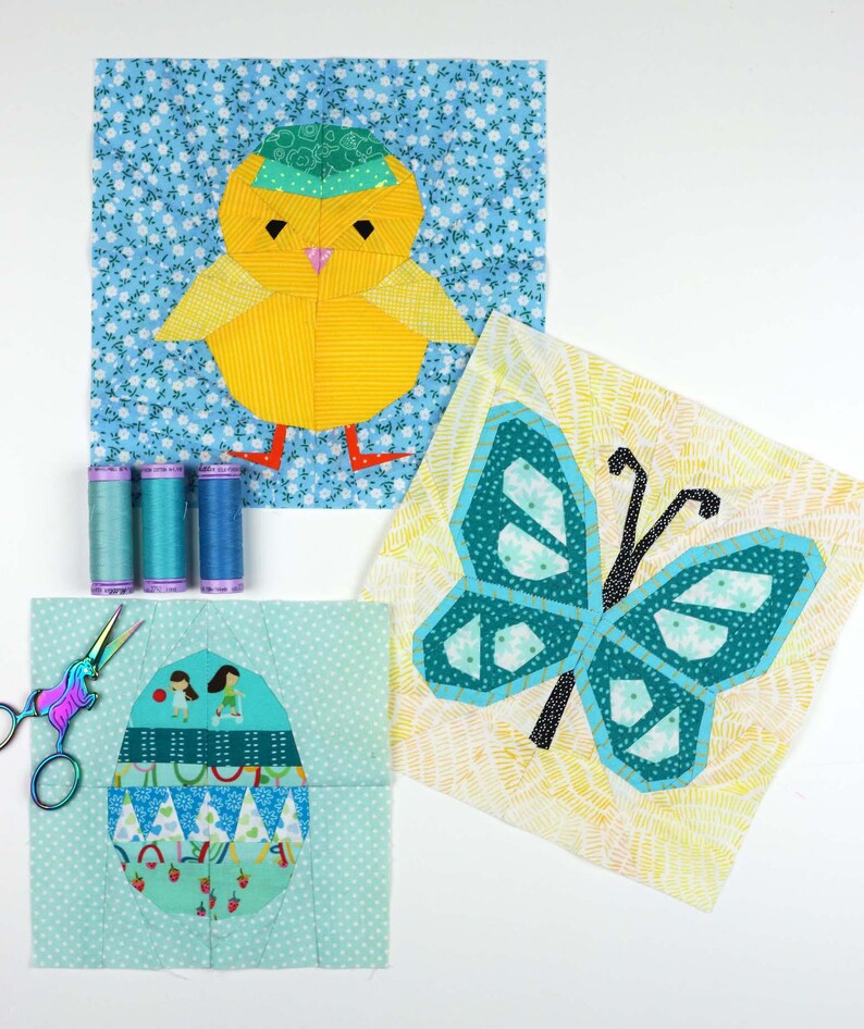 Butterfly quilt block pattern in 4 different sizes, perfect scrap buster, shown with sewing utensils and two other Easter themed quilt block, a chickie and an easter egg.