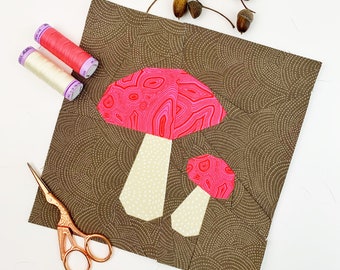 Mushrooms Quilt Block Pattern, 4 sizes PDF instant download, Foundation Paper Piecing Pattern