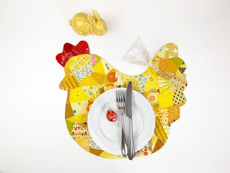 Easter SET of three placemat patterns , chicken, bunny and Easter egg . Pattern is for placemat and coasters or mug rugs.