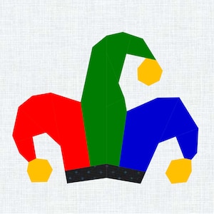 May include: A colorful jester's hat with three points in red, green, and blue, each adorned with a yellow pom-pom. The hat's base is black with small, white dot details, set against a textured white background.