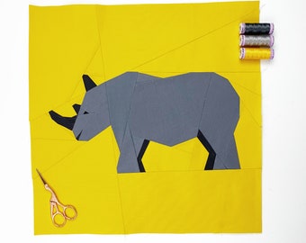 Rhinoceros Quilt Block Pattern, 4 Sizes Animal pattern, PDF instant download, Nursery decor, Modern Quilt Pattern