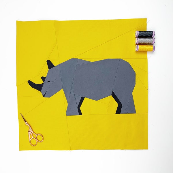 Motif de bloc de courtepointe rhinocéros, motif animal 4 tailles, téléchargement instantané PDF, décoration de chambre d'enfant, motif de courtepointe moderne
