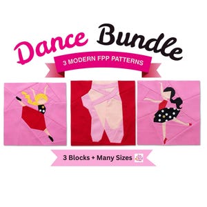 Könnte beinhalten: Grafik eines Tanz-Bundles mit dem Text "Dance Bundle" in Pink und Schwarz. Das Bild zeigt drei quadratische Blöcke mit modernen FPP-Mustern von Tänzern und Ballettschuhen. Der Text "3 Blocks + Many Sizes" ist ebenfalls enthalten.
