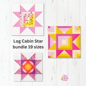 Könnte beinhalten: Drei farbenfrohe Log Cabin Star Quiltblöcke. Die Blöcke zeigen rosa, gelbe, orange und lila Stoffe. Der Text "Log Cabin Star bundle 19 sizes" wird angezeigt. Die Blöcke befinden sich auf einem weißen Holzhintergrund.