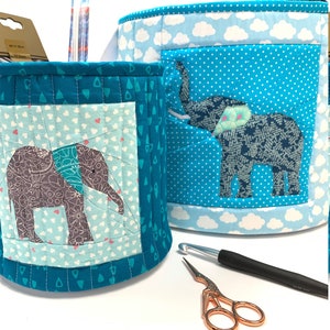 Quilted fabric basket set, PDF instant download, elephant pattern detail, paper piecing