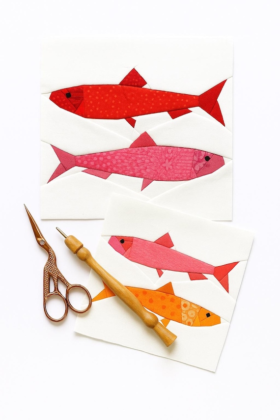 Sardines Quilt Block Pattern: Nautical Fish FPP (PDF Instant Download, 4 Sizes)