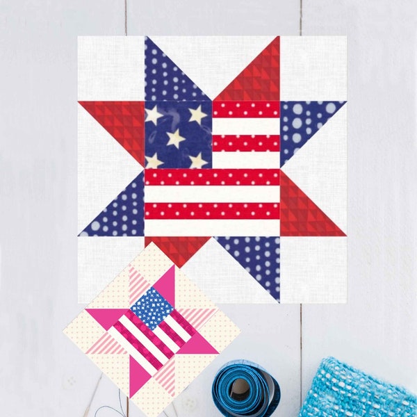 Patriotic Star Quilt Block Pattern, 4 sizes PDF instant download, Stars and Stripes, Sawtooth Star, Foundation Paper Piecing Pattern