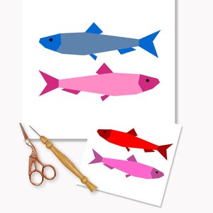 Sardines quilt block pattern, little sardines quilt block photographed with sewing utensils