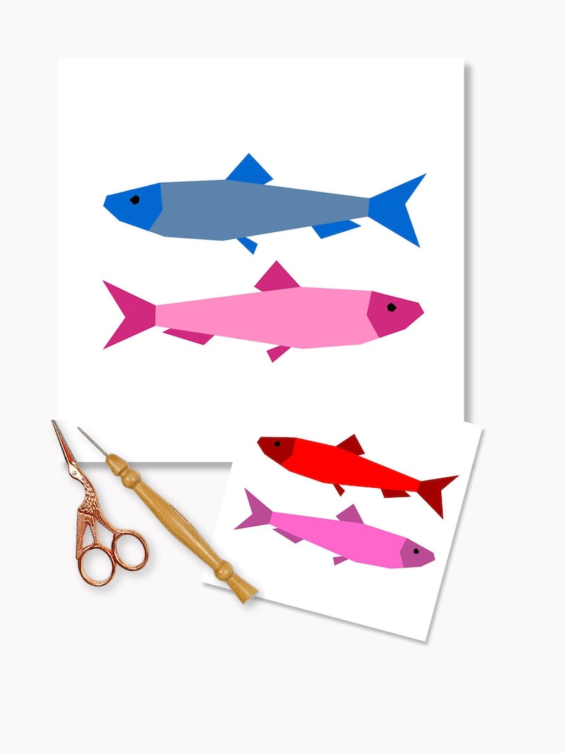 Sardines quilt block pattern, little sardines quilt block photographed with sewing utensils