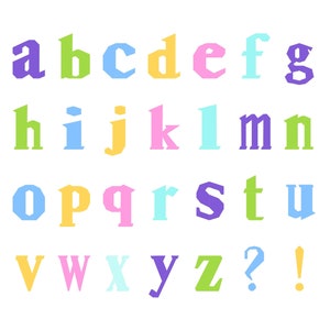 May include: A colourful alphabet with letters in different pastel colours, including purple, green, blue, yellow, pink, and light blue. The letters are in a bold, blocky font style. The alphabet includes punctuation marks, a question mark and an exclamation point.