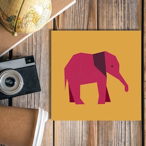 elephant quilt block pattern , baby elephant in pink on yellow background