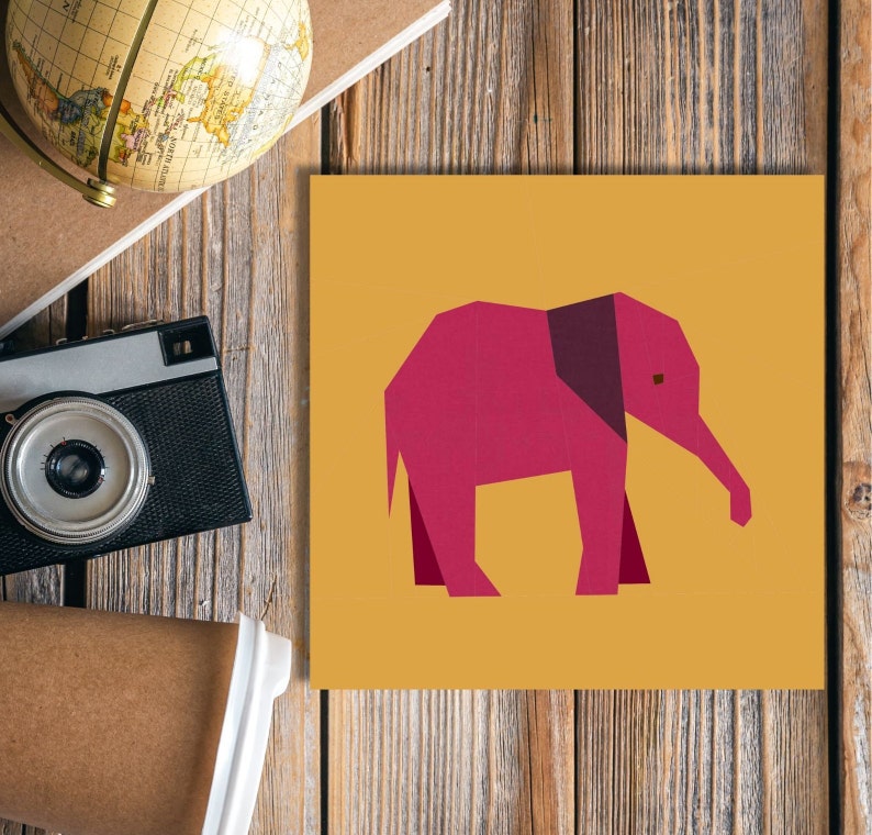 elephant quilt block pattern , baby elephant in pink on yellow background