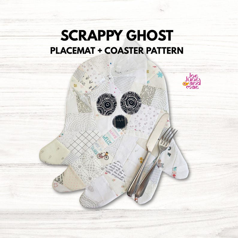 Ghost placemat/ coaster patched sewing pattern . The cutest little quilted ghost placemat pattern, perfect for your fabric scraps. The pattern is for a placemat and a Coaster.