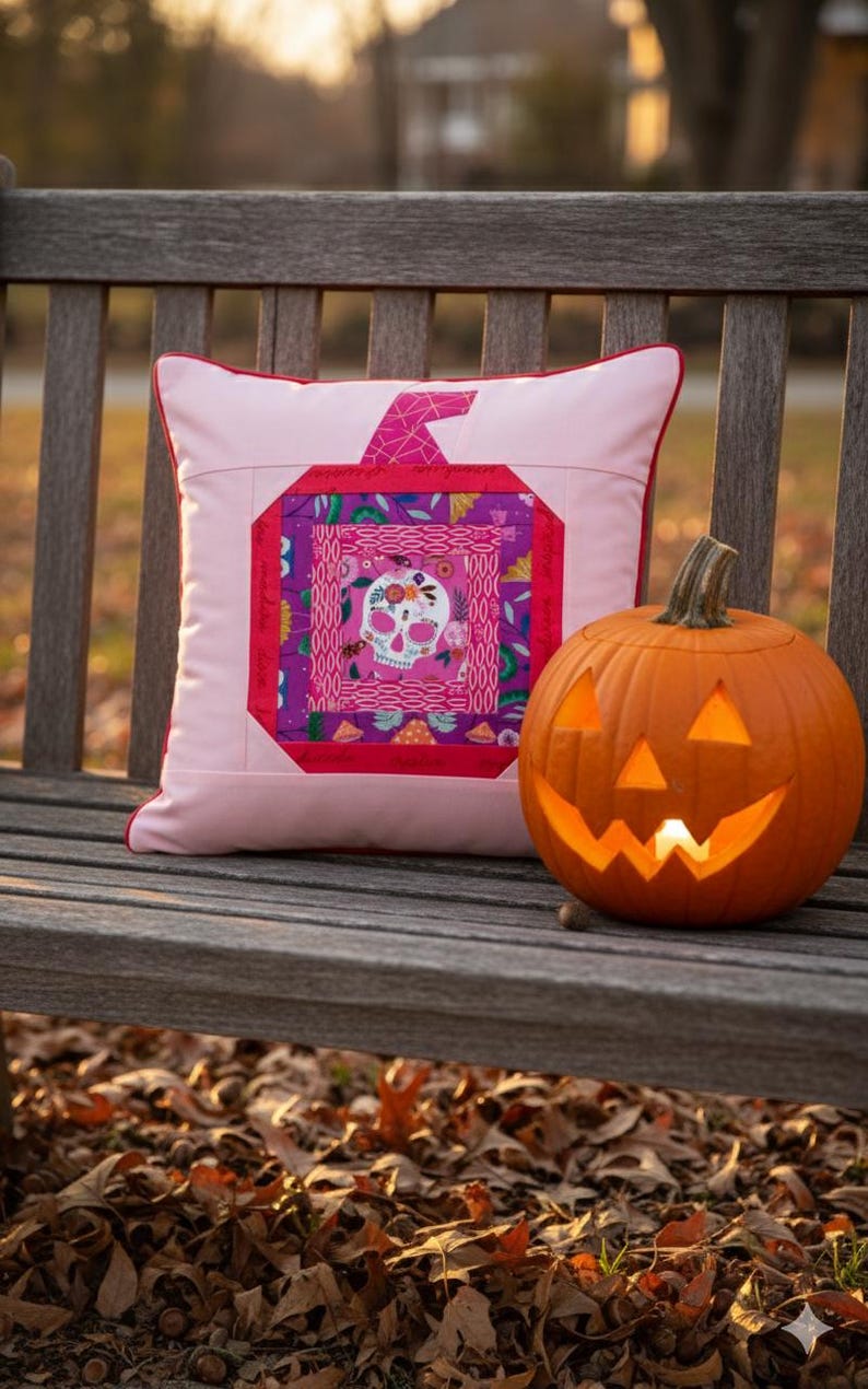 Log cabin pumpkin quilt block, turned into an amazing pillow case with red piping on a wooden bench with a jack o lantern pumpkin.
log cabin pumpkin quilt block pattern in 5 different sizes, from 4x4 inch for ornaments to 6x6, 8x8, 10x10 and 12x12 inches for all sorts of amazing Halloween sewing projects. Use your favorite fabrics to fussy cut the center and turn these amazing beauties into your own pumpkin patch.