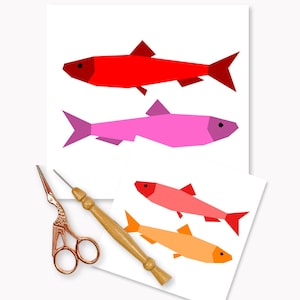 Sardines quilt block pattern, little sardines quilt block photographed with sewing utensils