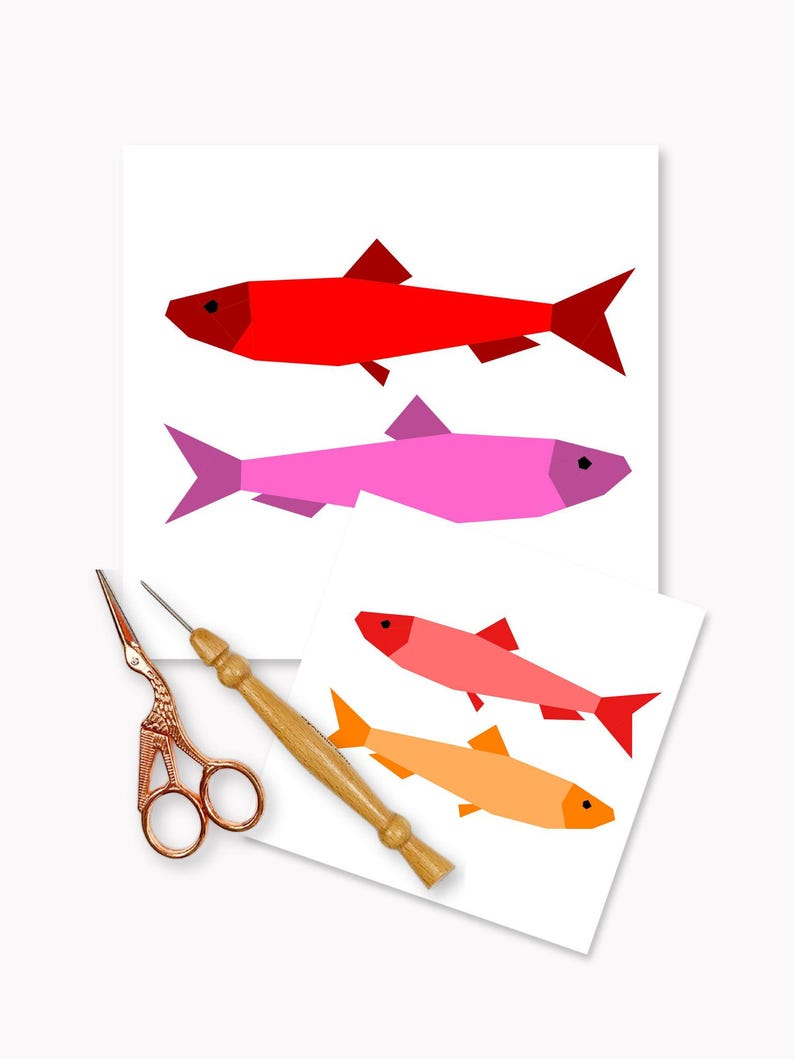 Sardines quilt block pattern, little sardines quilt block photographed with sewing utensils