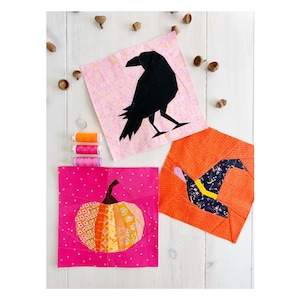 Halloween Quilt Block Pattern set of 3, PDF instant download, Crow/ Raven, Pumpkin, Witch Hat Foundation Paper Piecing Pattern