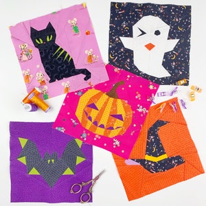 Halloween Quilt Block Pattern Set of 5, PDF instant download, Halloween Decor, Modern Quilt Pattern, Paper Pieced Halloween quilt pattern