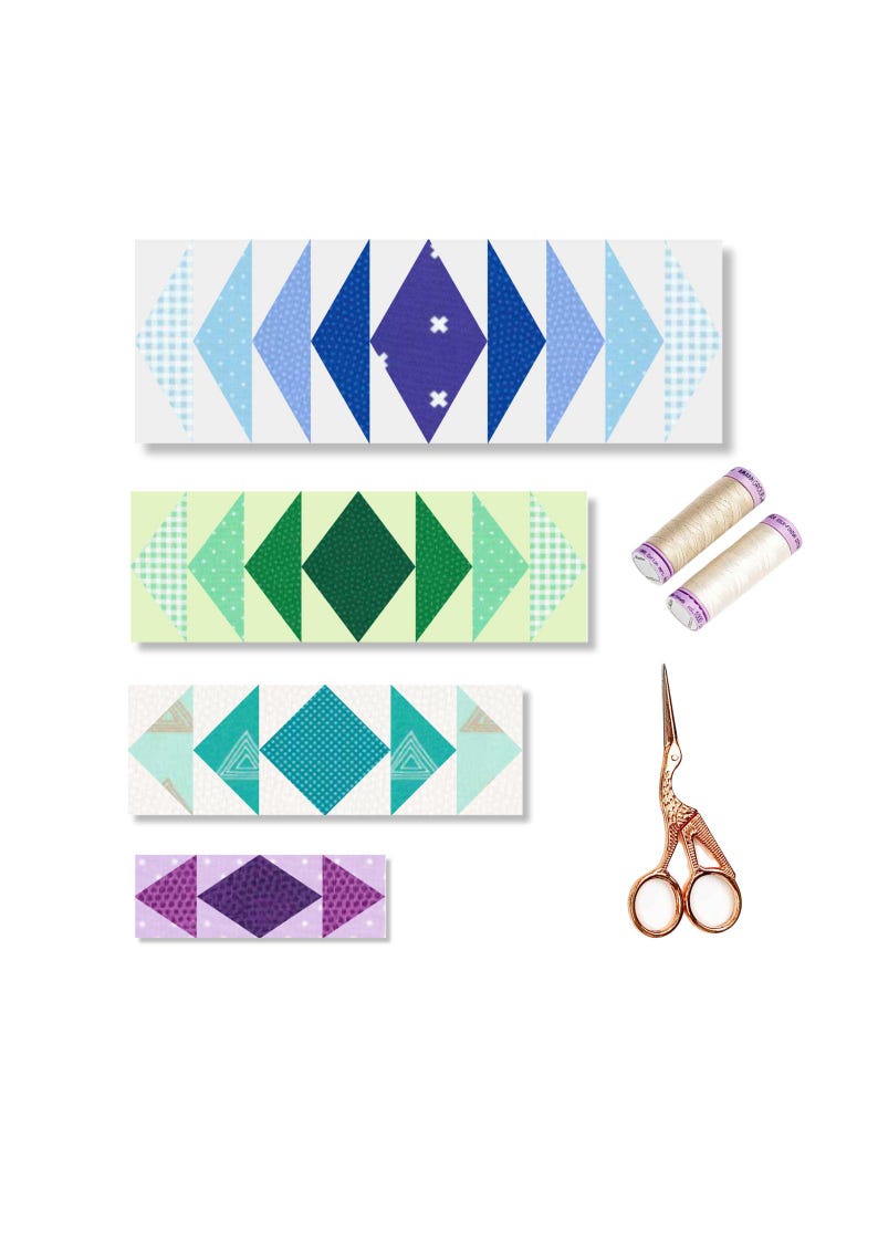 May include: Four strips of fabric with a geometric pattern of triangles and diamonds in shades of blue, green, teal, and purple. The fabric strips are arranged vertically, with the blue strip at the top and the purple strip at the bottom. Two spools of white thread and a pair of gold-colored scissors are also shown.