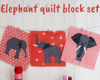 Elephant Quilt Block Pattern, Elephant PDF pattern set of 3, Foundation Paper Piecing Pattern