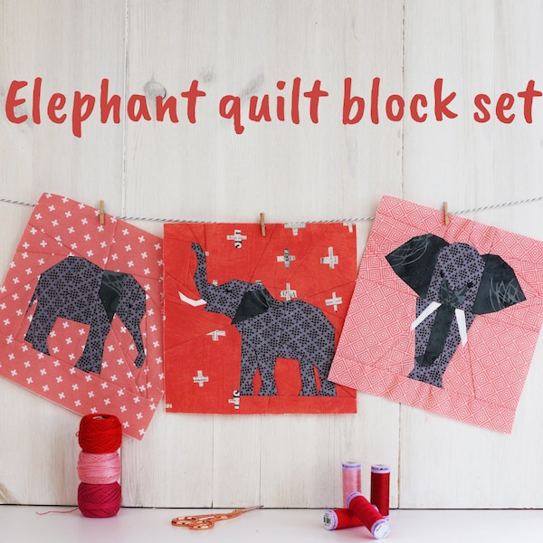 Elefant Quilt Blockmuster, Elefant PDF Muster 3er Set, Foundation Paper Piecing Muster